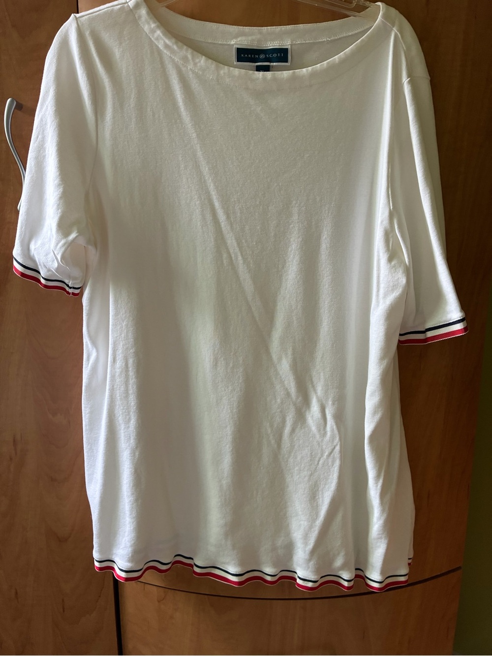 Karen Scott White Short Sleeve Tee with Red & Navy Stripe Trim